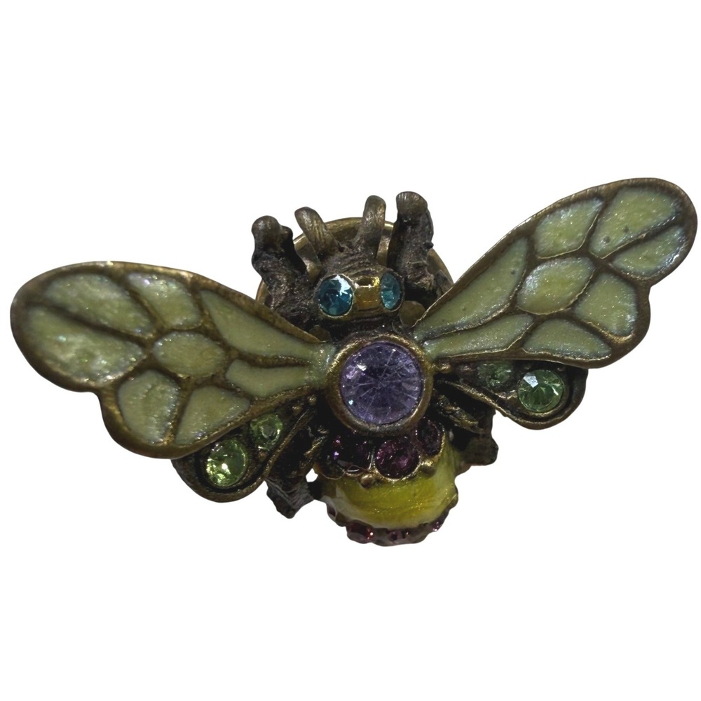 Jay Strongwater Enamel Crystal Bee Brooch Green Gold Tone Signed JAY